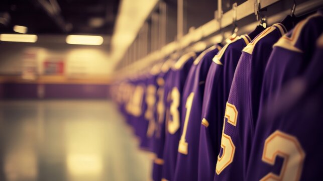Empty locker room displaying team jerseys on hooks, symbolizing the absence of players yet evoking the spirit of camaraderie and shared achievements.