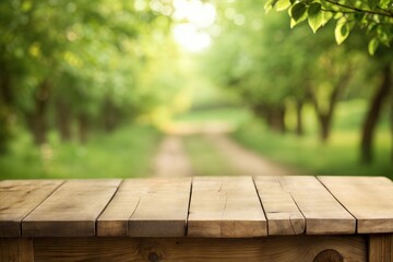 Wooden table with a blurred green nature garden background.