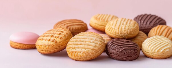 Pastel cookies idea. A delightful assortment of colorful cookies arranged beautifully on a pastel background.