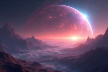 Surreal Alien Landscape with Giant Planet and Nebula