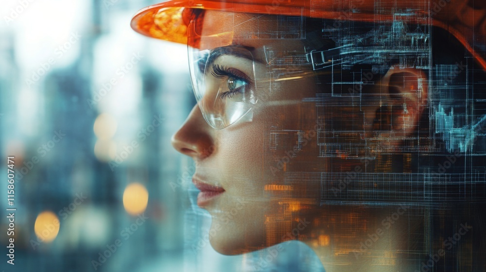 Poster a woman wearing a safety helmet and glasses gazes thoughtfully while surrounded by digital overlays 