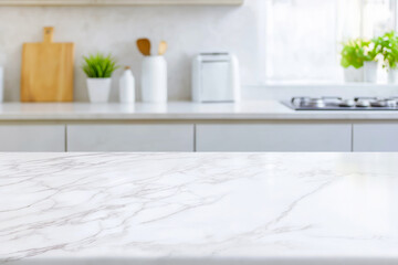 Empty marble tabletop in a blurred modern kitchen  for product placement