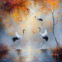 Oil painting- fantasy of two cranes in the water splashes- birch branch- stinging blurred fog- autumn landscape