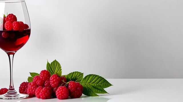 Glass of red wine with a bunch of raspberries on the table. The wine glass is half full and the raspberries are scattered around it. Concept of relaxation and indulgence, as the wine