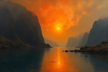 Breathtaking Sunset Over Serene Fjord Landscape