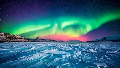 Naklejka premium Serene Arctic landscape with a luminous aurora borealis casting shades of green and pink across a snowy tundra, peaceful night sky, and icy reflections