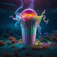 "A fantastical milkshake with rainbow hues and swirling toppings, radiating light, in an enchanting undersea setting featuring bioluminescent jellyfish drifting gracefully."