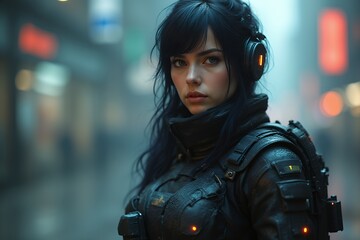 Futuristic Female Cyberpunk Character in Urban Setting