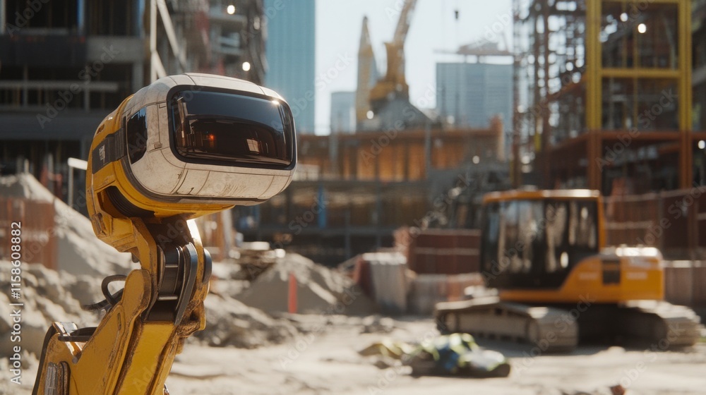 Aufkleber a robot designed for construction is positioned at a bustling site where buildings are being develop