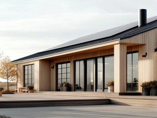 Modern house with sleek wooden design features solar panels on its roof, surrounded by a minimalist landscape under soft, daylight ambiance.