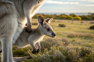 Obraz premium Wildlife animal, a young joey kangaroo, in close-up.