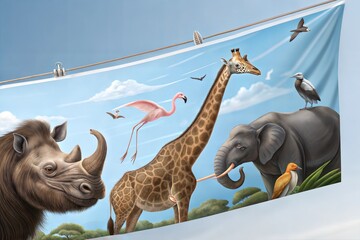 Banner with most vulnerable wildlife animals in Africa, rhino, cheetah, gorilla, giraffe, elephant,...