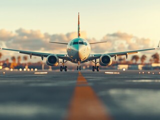 An airplane approaches for landing over a runway at sunset, with palm trees silhouetted against the sky. The scene exudes a calm, serene atmosphere.