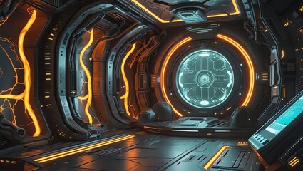 Futuristic Sci-Fi Spacecraft Interior with Glowing Orange and Blue Lights