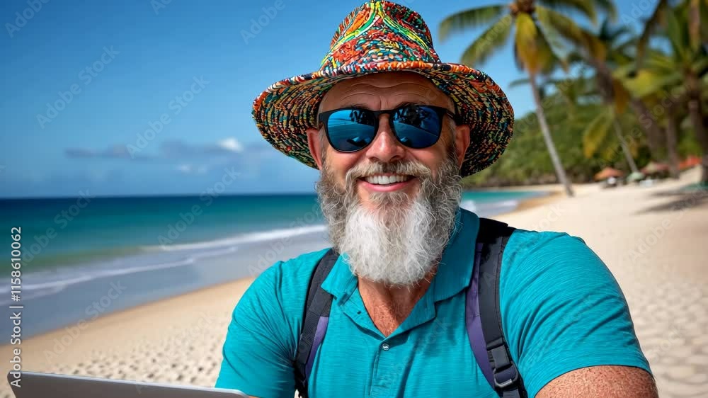 Poster man with a colorful hat and sunglasses is smiling and sitting on a beach with a laptop in front of h