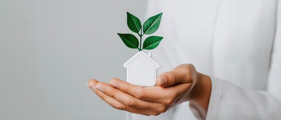 Hands holding a house with green leaves symbolizing eco-friendly living.