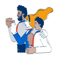 Celebrating team diverse doodle cartoon illustration. Teamwork, friendship. Community spirit. Group smiling people together 2D flat characters isolated on white. Doodleart hand-drawn drawing colorful