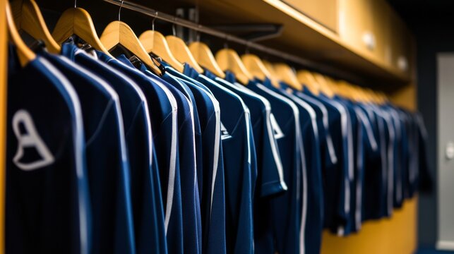 Empty locker room displaying team jerseys on hooks, symbolizing the absence of players yet evoking the spirit of camaraderie and shared achievements.