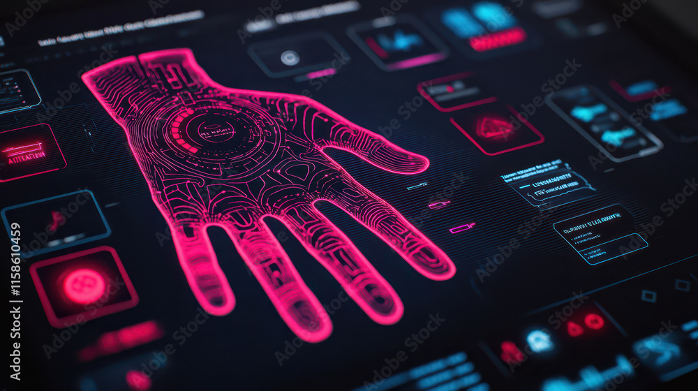 Poster futuristic hand interface with glowing elements and digital patterns