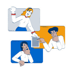 Virtual team collaborating through online interaction doodle illustration concept. Remote colleagues sharing document, proofreading cartoon 2D characters isolated on white. Hand drawn vector drawing