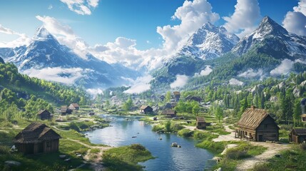 Fototapeta premium A village with beautiful scenery during the day