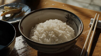 Bowl of cooked white rice in a bowl with oriental art and a pair of wooden chopstick on the table