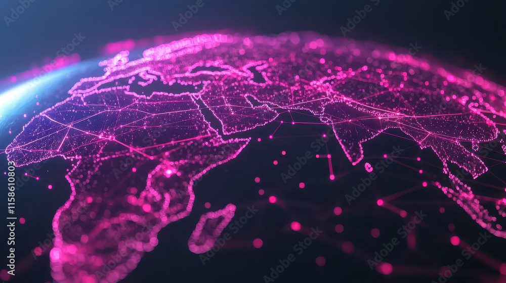 Poster vibrant digital map of world in pink tones, showcasing interconnected networks and data points