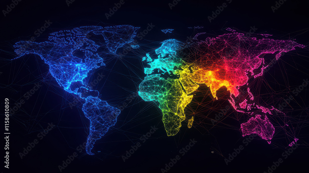 Poster digital world map with colorful network connections and light effects