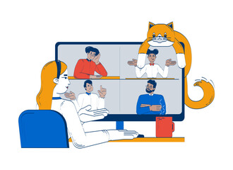 Virtual meeting with lazy cat and coffee doodle illustration concept. Remote job. Video call. Teleworker woman working from home cartoon 2D characters isolated on white. Hand drawn vector drawing