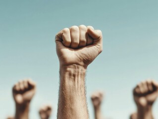 A group of people raise their fists together against a clear blue sky, symbolizing unity and strength.