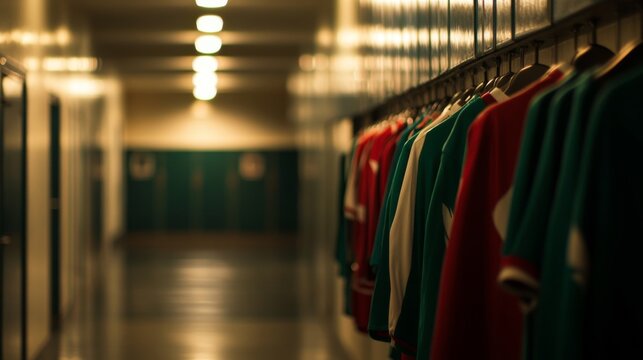 Empty locker room displaying team jerseys on hooks, symbolizing the absence of players yet evoking the spirit of camaraderie and shared achievements.