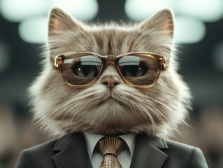 A dapper cat dressed in a suit and tie, sporting stylish sunglasses. The chic attire gives a humorous and sophisticated look against a blurred background.