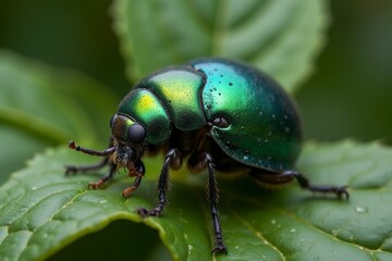 Naklejka premium Macro Photo of Vibrant Green Beetle on a Leaf Close-up