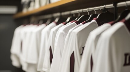 Empty locker room displaying team jerseys on hooks, symbolizing the absence of players yet evoking the spirit of camaraderie and shared achievements.
