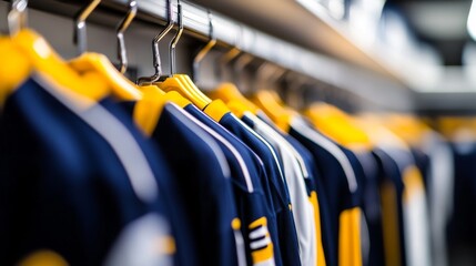 Fototapeta premium Empty locker room displaying team jerseys on hooks, symbolizing the absence of players yet evoking the spirit of camaraderie and shared achievements.