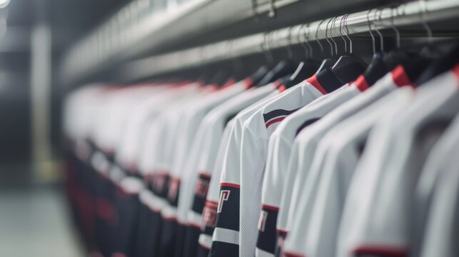 Empty locker room displaying team jerseys on hooks, symbolizing the absence of players yet evoking the spirit of camaraderie and shared achievements.