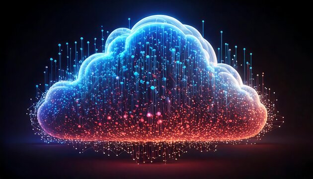 Abstract cloud computing visualization with glowing data points, 3D futuristic design, digital network connections, and modern technology concept