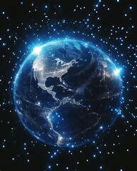 Obraz premium Glowing Earth with North America at night, surrounded by stars.