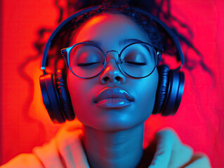 dj with headphones, young woman enjoying music with closed eyes modle light.