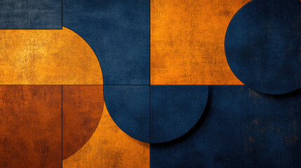 Abstract geometric pattern with navy blue and gold shapes.