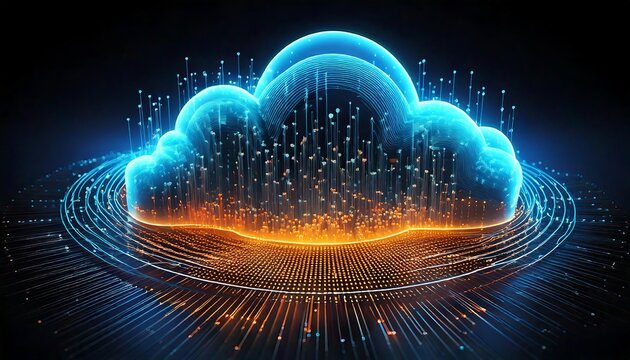Abstract cloud computing visualization with glowing data points, 3D futuristic design, digital network connections, and modern technology concept