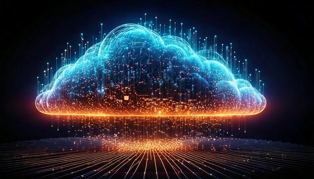 Abstract cloud computing visualization with glowing data points, 3D futuristic design, digital network connections, and modern technology concept