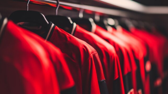 Empty locker room displaying team jerseys on hooks, symbolizing the absence of players yet evoking the spirit of camaraderie and shared achievements.