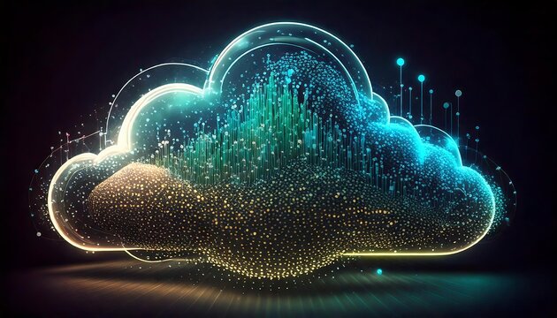 Abstract cloud computing visualization with glowing data points, 3D futuristic design, digital network connections, and modern technology concept