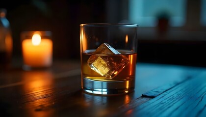A glass of whiskey with a large ice cube, placed on a dark wooden surface, with soft candlelight reflections creating a luxurious and calm ambiance. Stock photography 32K, UHD, Ultra HD quality, high 