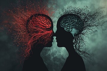 Silhouette of two human heads with a brain. Bipolar mental disorder, split personality, mood disorder, dual personality, and schizophrenia concept with copy space.