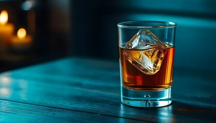 A glass of whiskey with a large ice cube, placed on a dark wooden surface, with soft candlelight reflections creating a luxurious and calm ambiance. Stock photography 32K, UHD, Ultra HD quality, high 