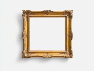 An elegant square antique gold picture frame with ornate detailing, isolated on a white background.