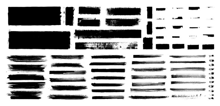 Straight line vector brush strokes. Black hand drawn stripes, smears. Chinese or Japanese calligraphy brushstrokes set. Rough grunge thick paint line textures. Grungy sketchy rectangle text boxes pack