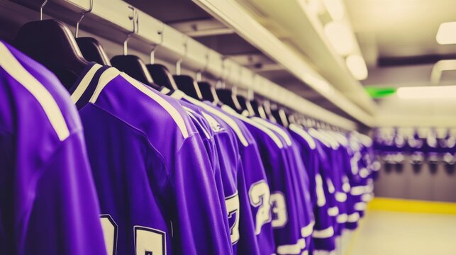 Empty locker room displaying team jerseys on hooks, symbolizing the absence of players yet evoking the spirit of camaraderie and shared achievements.